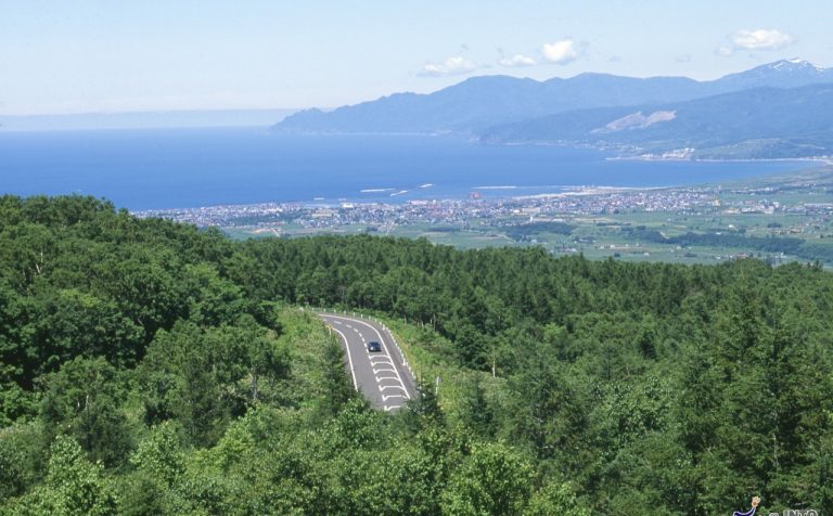 car road countryside sea mountains japan